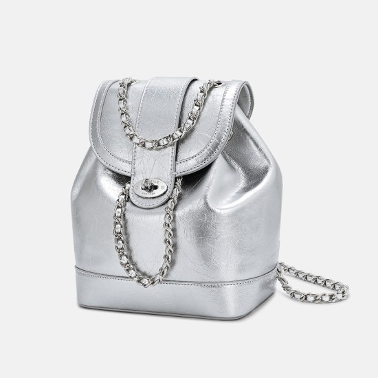 Shoulder Bag, Women's Oil Wax Leather Chain Backpack, Silver Backpack Shoulder Bag, Women's Oil Wax Leather Chain Backpack, Silver Backpack